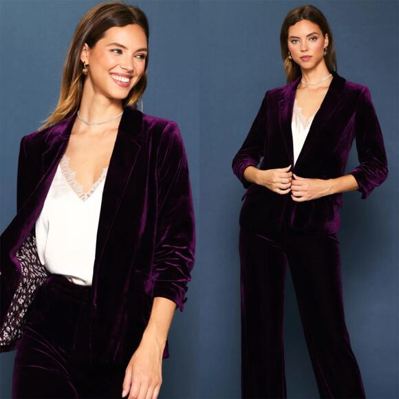 Skies Are Blue Ruched Velvet Blazer Plum Purple Size Small Holiday Whimsy Goth - Picture 1 of 11